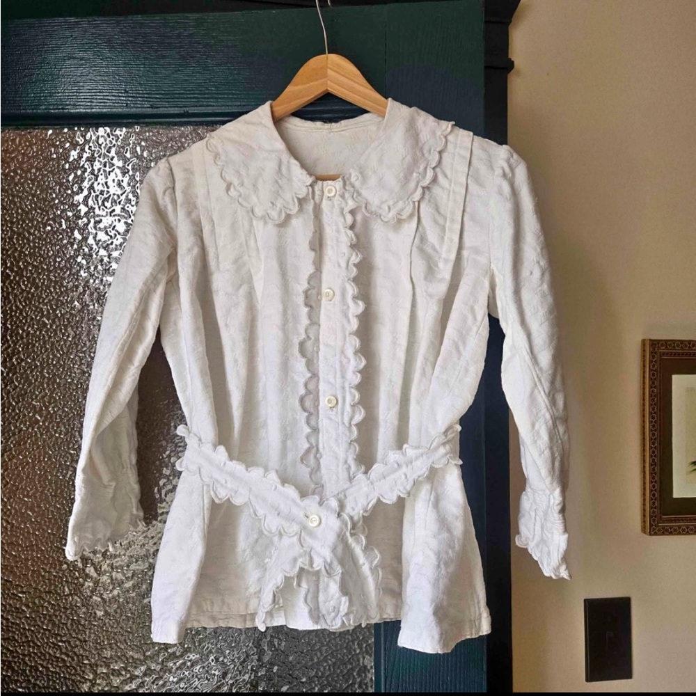 Antique Babydoll Blouse with Scalloped Edges - XS/S White Lace Trim Blouse